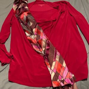 Coldwater Creek Red Stretchy Shirt with Built in Camisole and Scarf, Size 16 XL